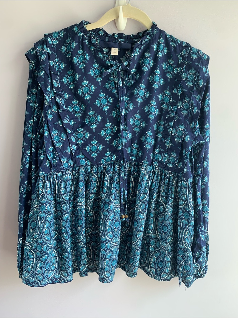 Blue Rain Peasant Blouse Aqua Blue Ruffle Paisley Long Sleeve Casual Boho EUC XS
